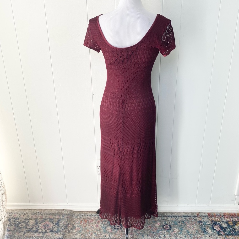 VTG Y2K Burgundy Bodycon Midi Dress Crochet Short Sleeve Daphne Frasier‎ Sz S - Picture 3 of 13